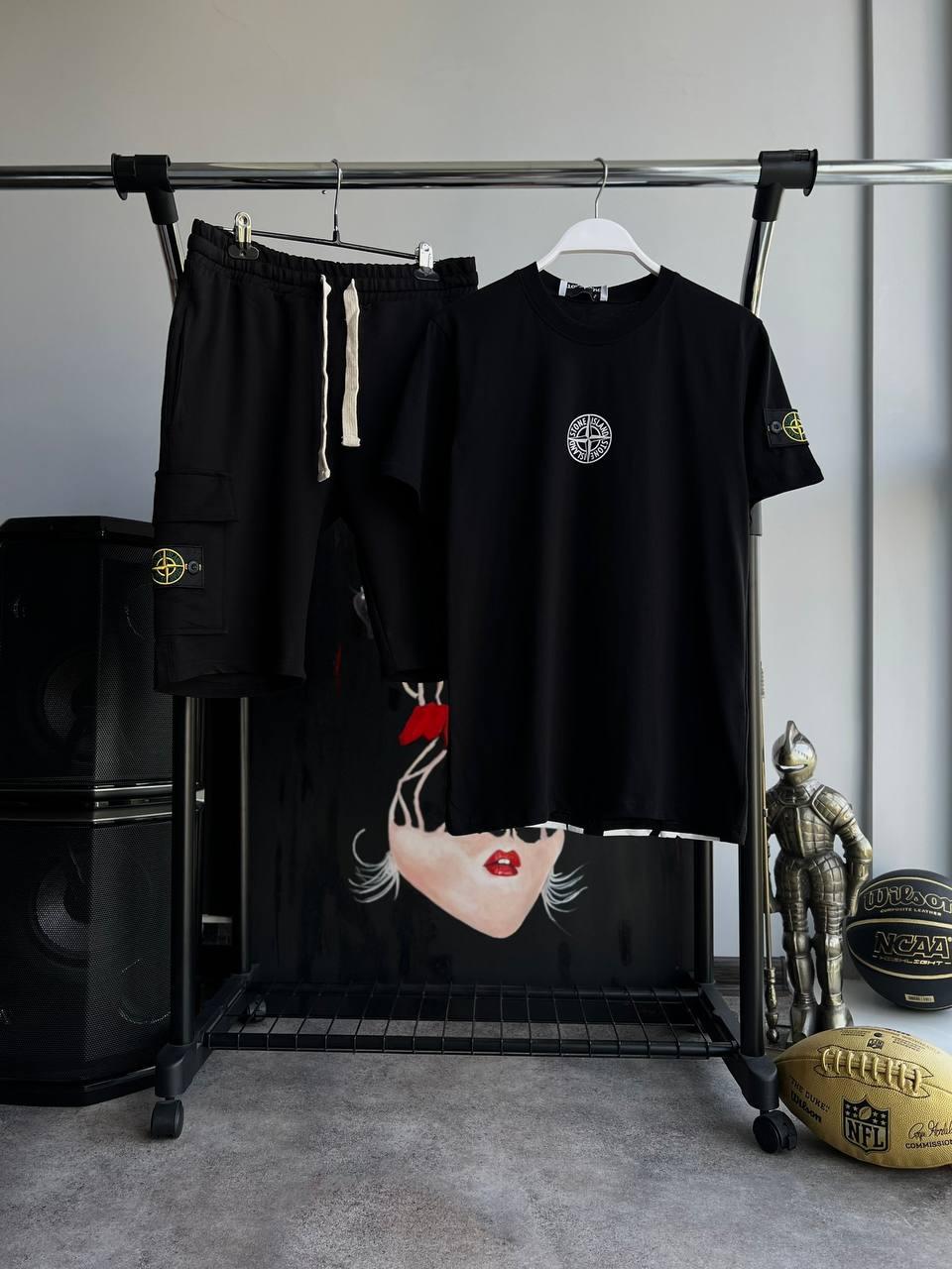 Чоловічий літній костюм Футболка + Шорти Stone Island чорний з патчем Стон Айленд