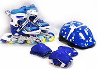 Детские раздвижные ролики, набор роликовых коньков с защитой, сумкой, все колеса светятся Синий