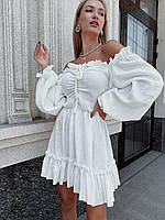 Жіноча коротка біла сукня з відкритими плечима і довгими пишними рукавами з 42 по 48 розмір, фото 3