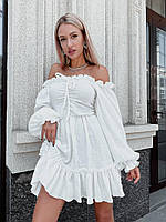 Жіноча коротка біла сукня з відкритими плечима і довгими пишними рукавами з 42 по 48 розмір, фото 5