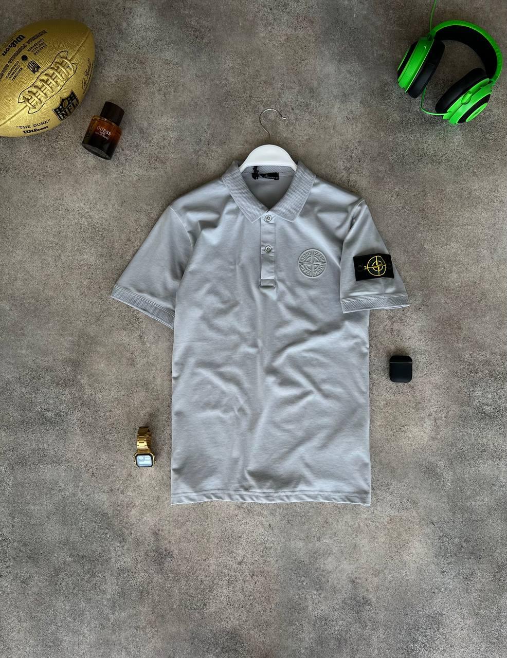 Чоловіча футболка Поло Stone Island сіра з патчем Теніска Стон Айленд літня, фото 1