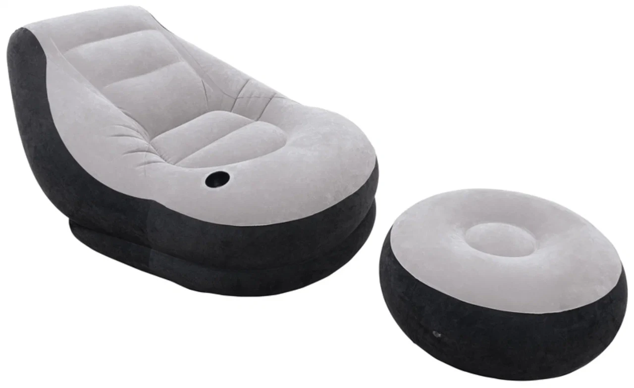 Надувне крісло з підсклянником Intex 68564 Ultra Lounge з пуфиком 130х99 см Сіро-чорний