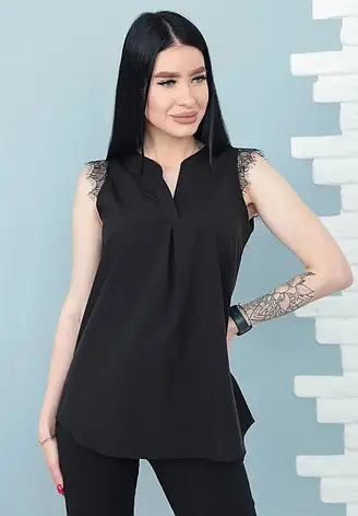 Красива блуза без рукава з гіпюром чорна., фото 1
