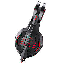 Ігрові навушники Hoco Gaming Cool Tour W102 (з мікрофоном, LED підсвічування, дротові, Black-red), фото 2
