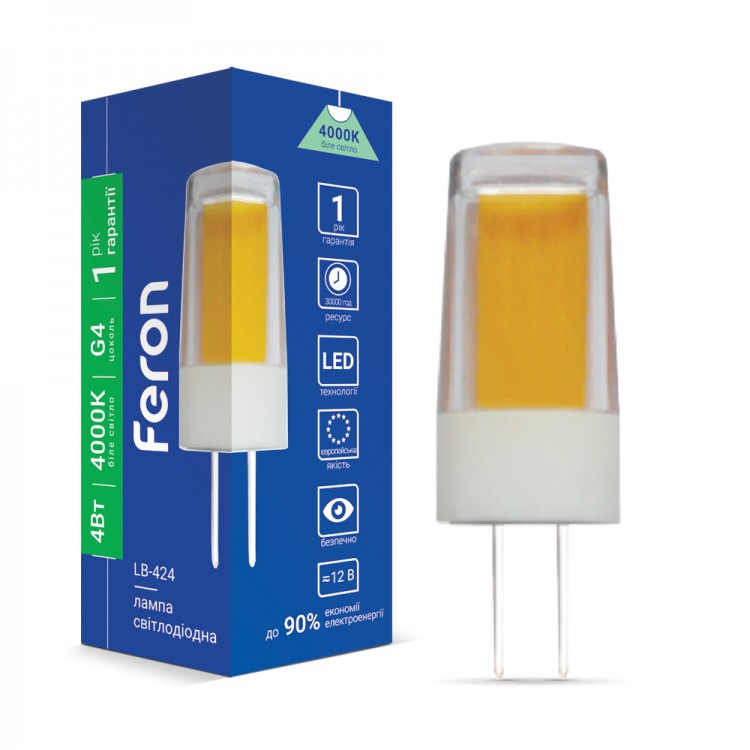Світлодіодна LED лампа Feron LB-424 12V G4 4W (12В 4Вт) COB капсула в люстру 13х38мм нейтральне світло 4000K, фото 1