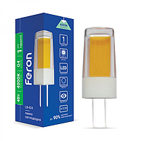 Светодиодная LED лампа Feron LB-424 12V G4 4W (12В 4Вт) COB капсула в люстру 13х38мм нейтральный свет 4000K