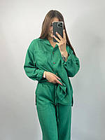 "XS-S" Женский летний льняной костюм рубашка штаны легкий стильный удобный Зеленый