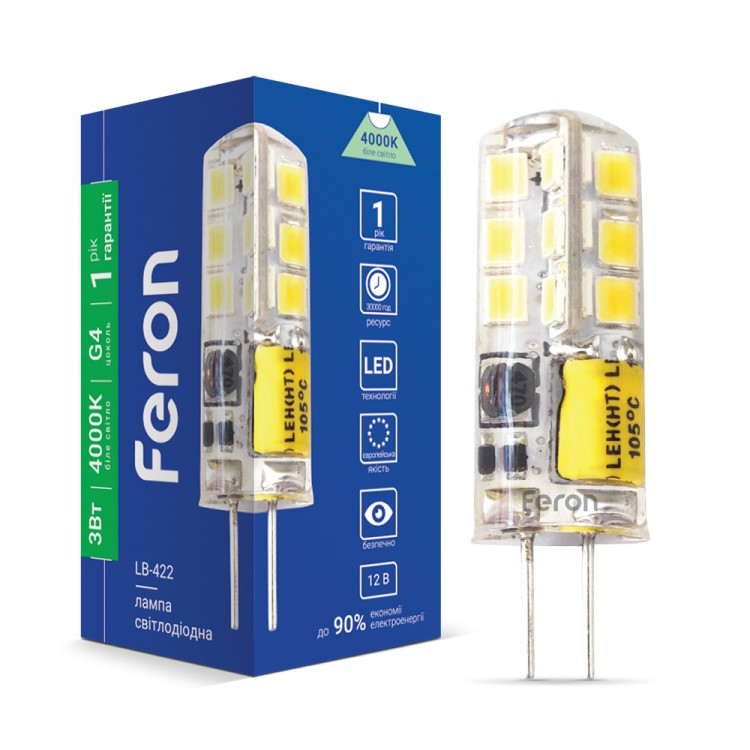 Світлодіодна LED лампа Feron LB-422 12V G4 3W 240Lm (12В 3Вт) капсула в люстру 12х37мм нейтральне світло 4000K