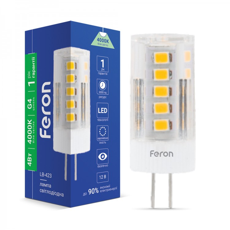 Світлодіодна LED лампа Feron LB-423 12V G4 4W 320Lm (12В 4Вт) капсула в люстру 16х43мм нейтральне світло 4000K, фото 1