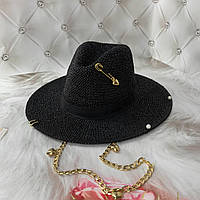 Літній плетений капелюх Федора з ланцюгом та шпилькою ONELOVE чорний (декор золото або срібло)