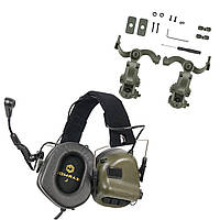Тактичні активні навушники Earmor М32H mod 3 + кріплення на шолом OPS Core (чебурашка) Оливковий