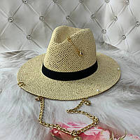 Літній плетений капелюх Федора з ланцюгом та шпилькою ONELOVE молочний (декор золото або срібло)