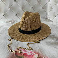 Летняя плетеная шляпа Федора с цепью и булавкой ONELOVE кофейная (декор золото или серебро)