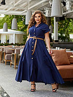 Красивое нарядное женское легкое льняное платье-рубашка длинное макси 50-52, 54-56, 58-60 синя