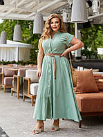 Красивое нарядное женское легкое льняное платье-рубашка длинное макси 50-52, 54-56, 58-60 фисташка