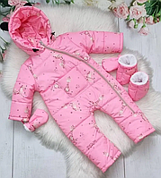 Детский комбинезон с пинетками и варежками демисезон с ушками для новорожденных "Жирафик" рост 68 см Alisa Розовый