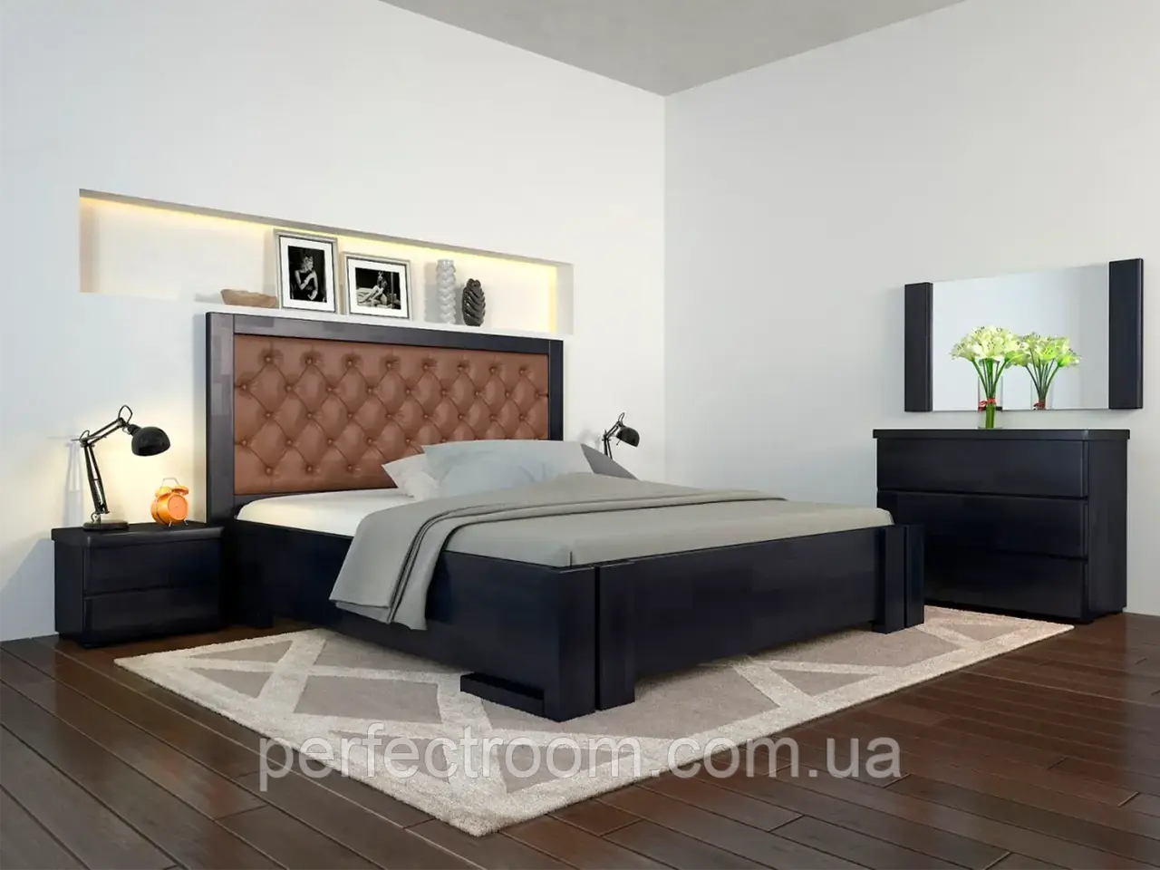 Двоспальне Ліжко '' Амбер ''  візерунок оббивки - ромб , матеріал - сосна