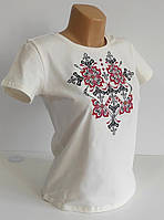 Футболка с вышивкой женская Мальвы на молочном, футболка вышивка,футболка вышиванка,футболка с вышиванкой
