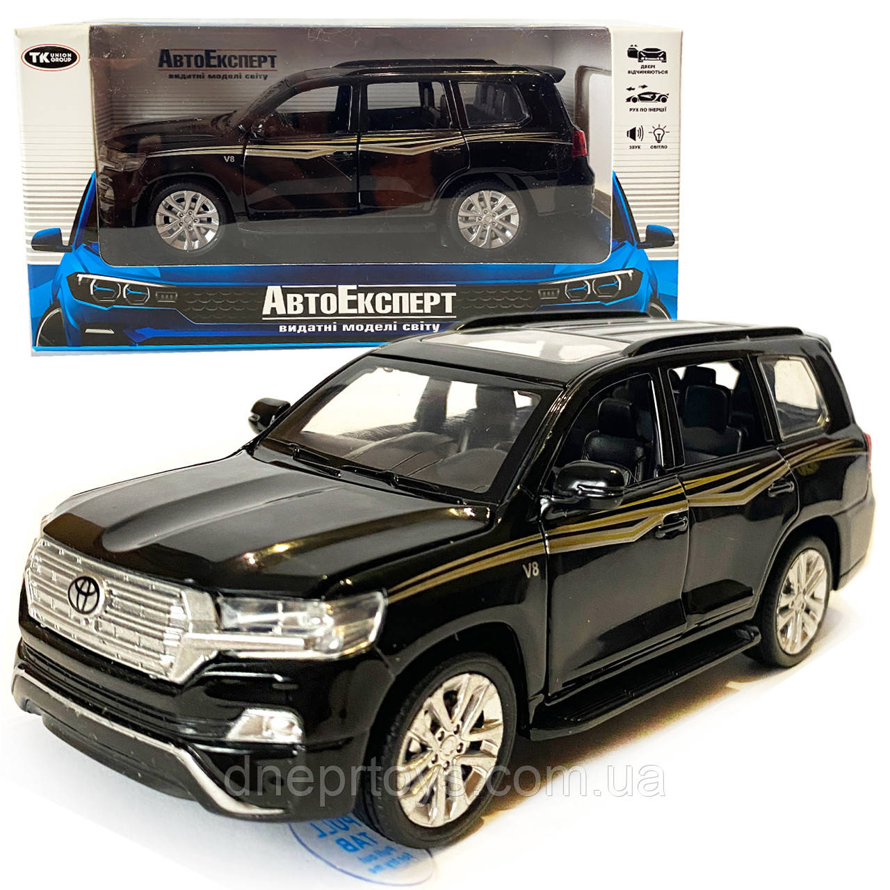 Машинка металева дитяча Toyota Land Cruiser V8 позашляховик, тойота ленд крузер, чорна, Автоексперт, 1:32, звук, світло, інерція,