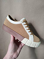 Кросівки Кріпери Бежеві CAMEL екозамша з екошкірними вставками та коричневими шнурками на високій двоколірній