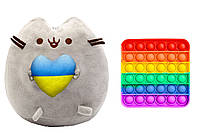 Мягкая игрушка кот с сердцем Пушин кэт Cерый и Игрушка антистресс Pop It (n-10383)
