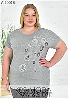 Серая вискозная женская футболка оверсайз батал 54-64 размер