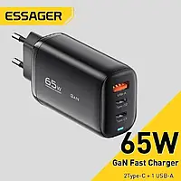 Потужний зарядний пристрій Essager GaN 65W з швидкою зарядкою QC 3.0 USB + 2Type-C Black