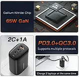 Потужний зарядний пристрій Essager GaN 65W з швидкою зарядкою QC 3.0 USB + 2Type-C Black, фото 2