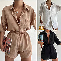 Літній костюм жіночий двійка сорочка+шорти легкий жатка з сорочкою на ґудзиках чорний фрез білий беж 42-48