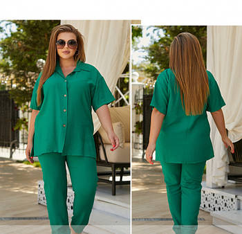 / Розмір 54-56,58-60,62-64 / Жіночий літній костюм із льону / 5355-Зелений