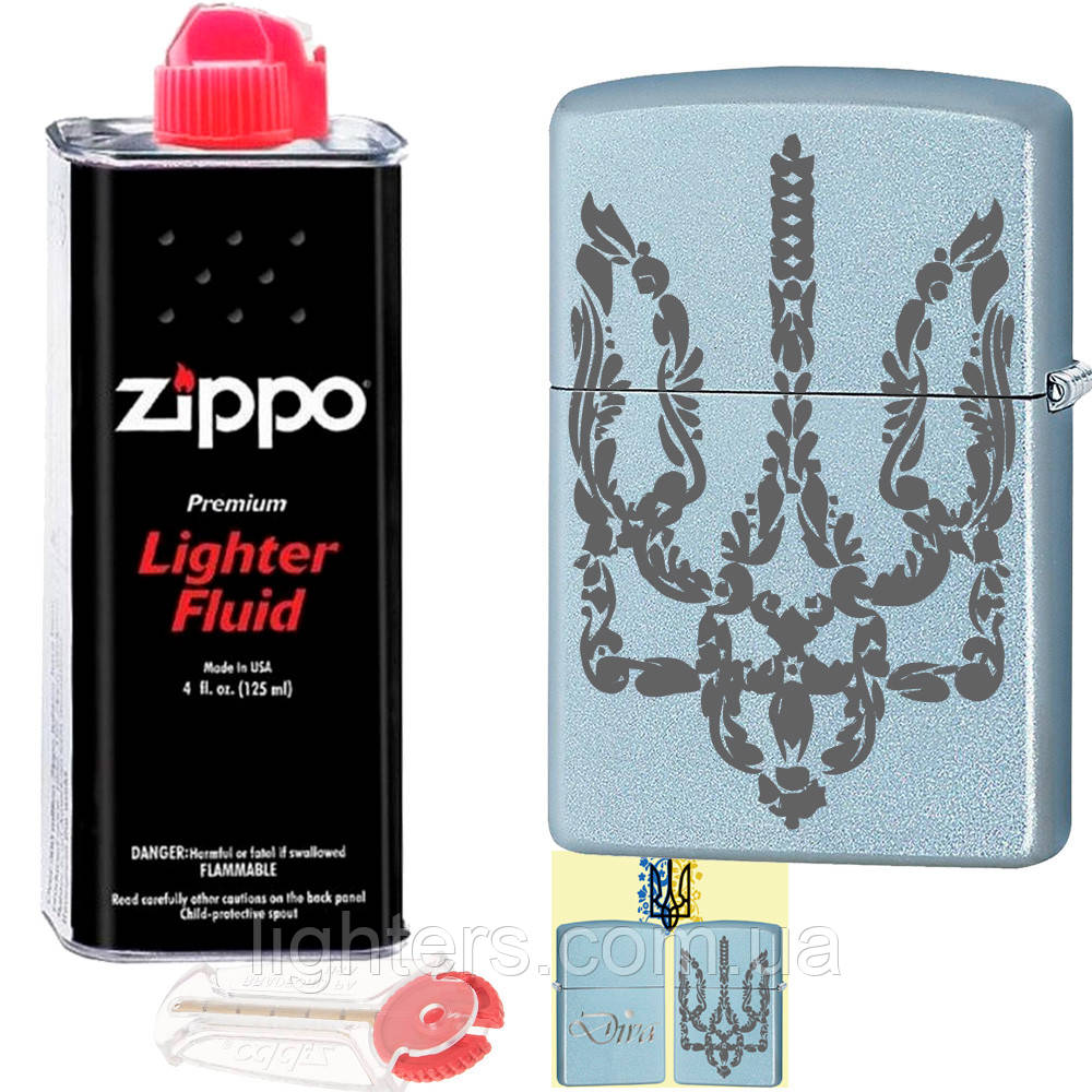 Запальничка Zippo "Ukraine!" 205 у наборі кремній і бензин зипо, фото 1
