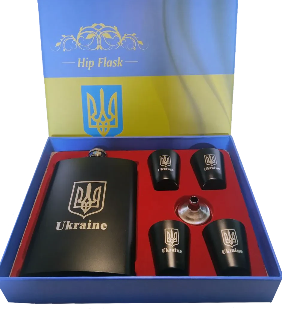 Подарунковий набір 6в1 з флягою 265мл, чарками, лійкою "Ukraine", фото 1