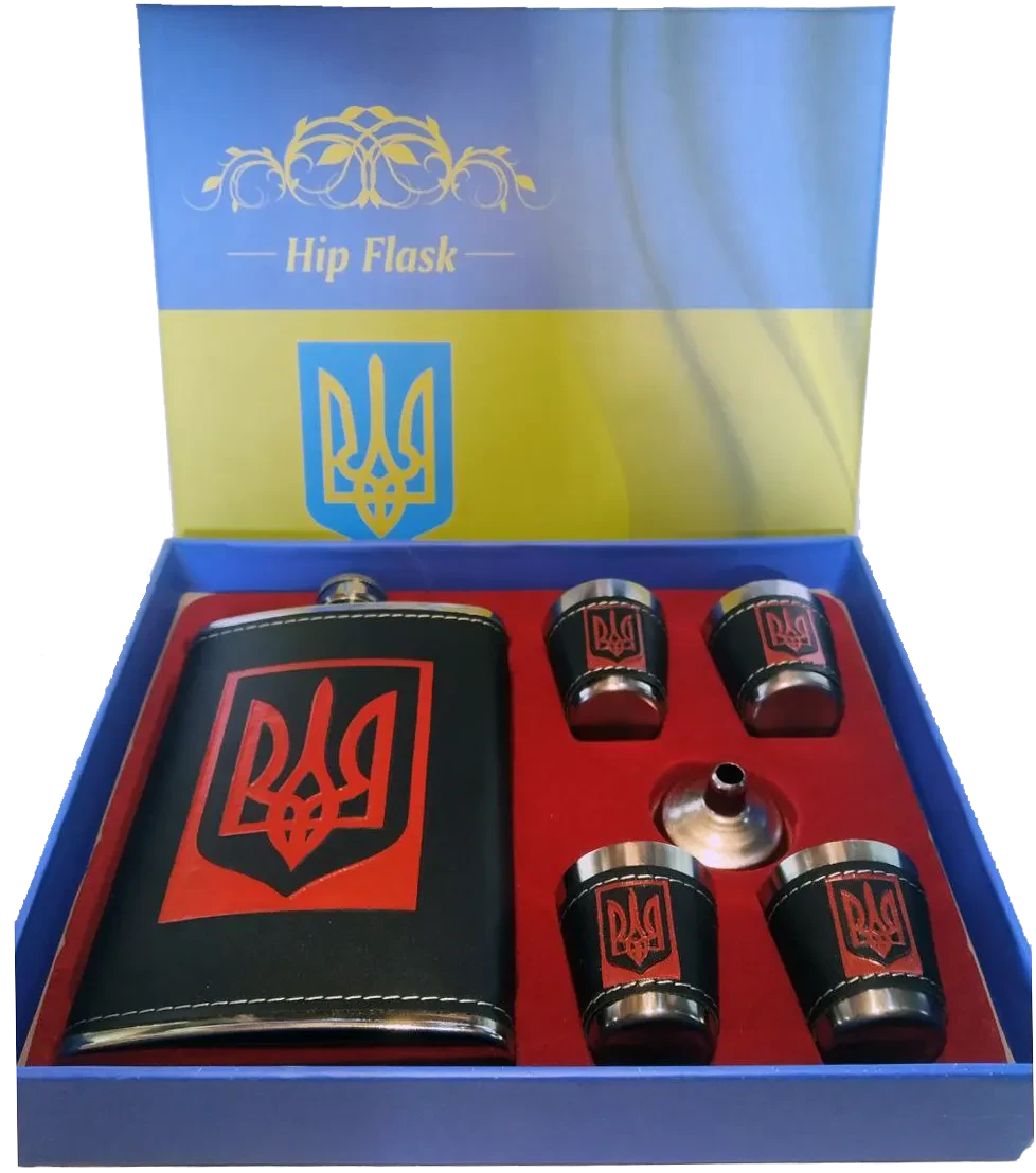 Подарунковий набір 6в1 з флягою 265мл, чарками, лійкою "Ukraine", фото 1