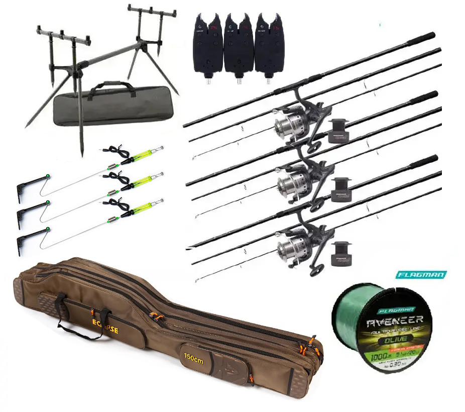 Короповий набір Flagman Carp Pro на 3 вудилища 3.9 м з котушками, род подом та сигналізаторами