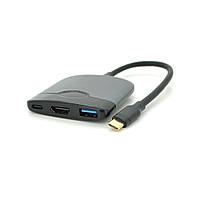 Хаб Type-C(тато) пластиковий, HDMI(мама)+USB3.0(мама)+PD(мама), 23cm, Black
