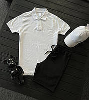 Мужской комплект белая футболка Поло + черные шорты + кепка отличное качество