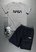 Мужской комплект NASA шорты + футболка. Серая футболка и черные шорты NASA