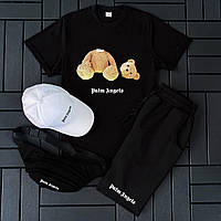 Черный мужской комплект Palm Angels футболка + шорты + кепка с прикольным принтом