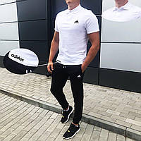 Стильный мужской летний комплект Adidas / белая футболка поло + черные штаны