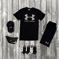 Стильный мужской спортивный костюм Under Armour черный. В комплекте футболка + кепка + шорты + бананка + носки