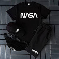 Черный летний комплект NASA для мужчин. В комплекте: футболка + шорты + кепка + бананка