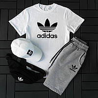 Стильный комплект на лето мужской Adidas белая футболка + серые шорты + белая кепка