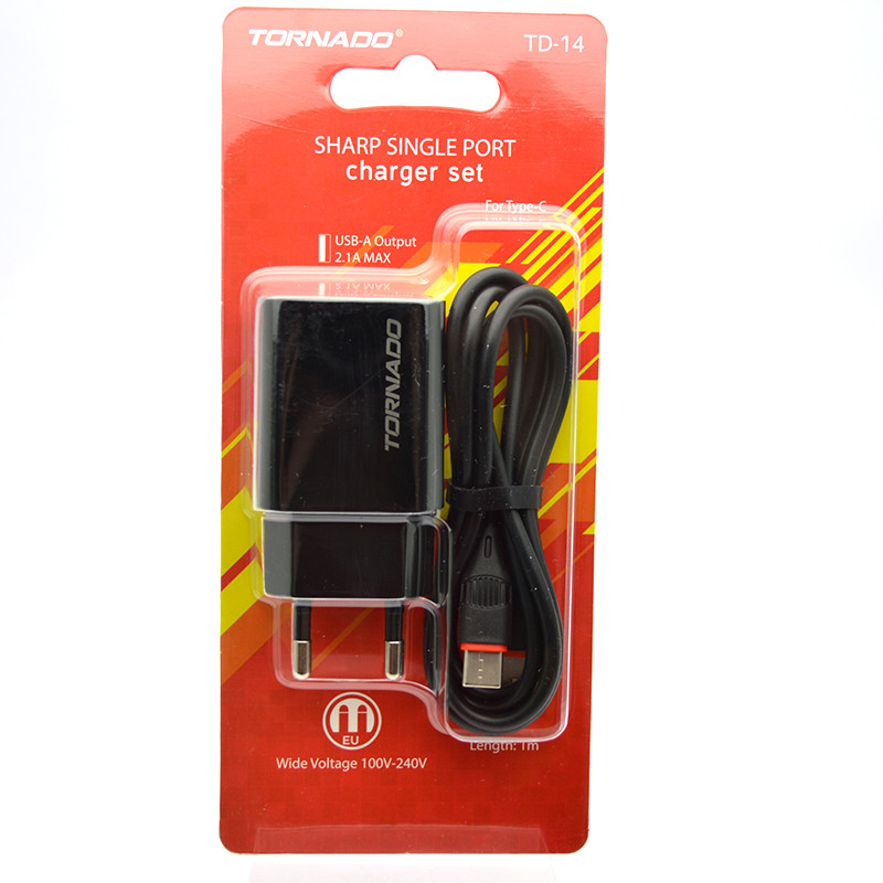 Зарядний пристрій Tornado TD-14 з кабелем Type-C cable 1USB 2.1A Black