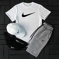 Мужской белый комплект Nike футболка + шорты + кепка. Хорошее качество ткани