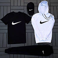 Мужской комплект NIke демисезон 4 в 1. В комплекте: белое худи + черные штаны + футболка + кепка