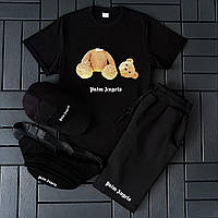 Брендовый мужской летний комплект Palm Angels / черная футболка + черные шорты + кепка