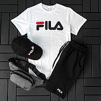 Мужской летний набор Fila белая футболка + черные шорты + кепка