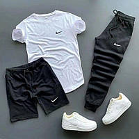 Мужской спортивный комплект Nike / белая футболка + черные шорты + черные штаны