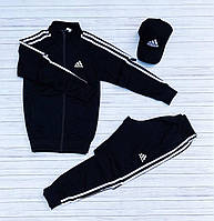 Мужской черный спортивный костюм на змейке Adidas с лампасами + кепка