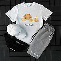 Мужской стильный комплект на лето Palm Angels / футболка + шорты + кепка + бананка